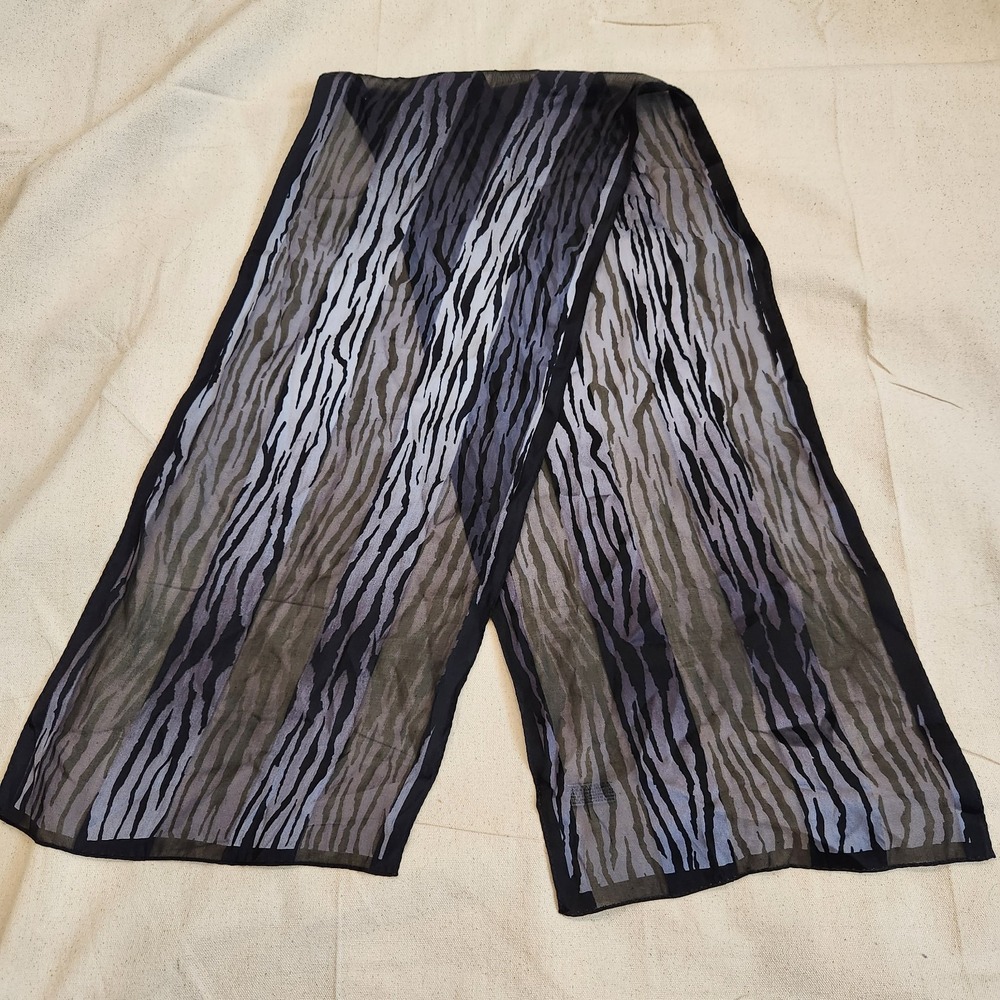 Vtg Elaine Gold Collection XIIX Ltd Silk Scarf Sheer Zebra Stripe Black Brown